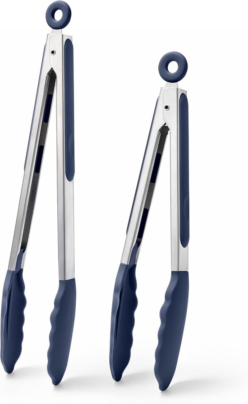 Doosu Kitchen Tongs for Cooking - 600°F Heat Resistant Food Tong Set with Non-Scratch Silicone Tips, Heavy Duty Stainless Steel Locking Tong for BBQ, Grilling Steak, Serving Salad (9+12in, Navy Blue) - Image 1